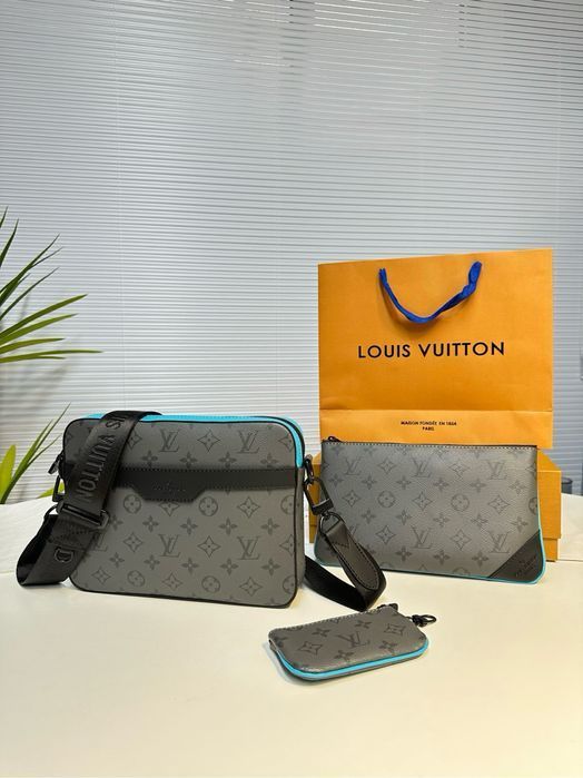 Louis Vuitton сумка мужская серая с голубым 3в1, trio 3v1 кожаная