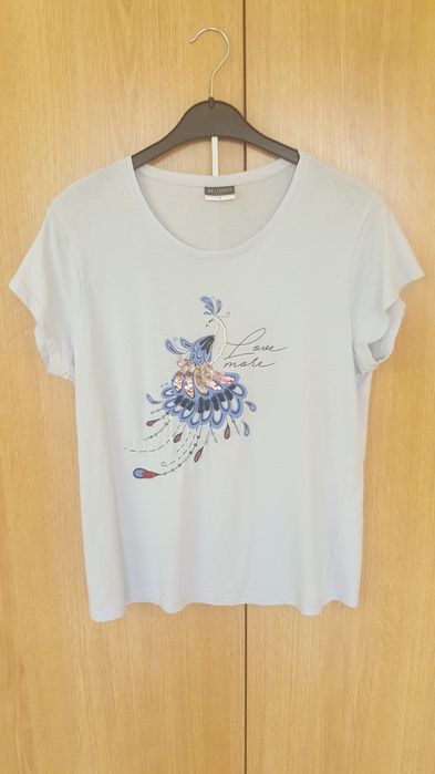 Bluzka koszulka t-shirt niebieska bawełna nadruk cekiny
