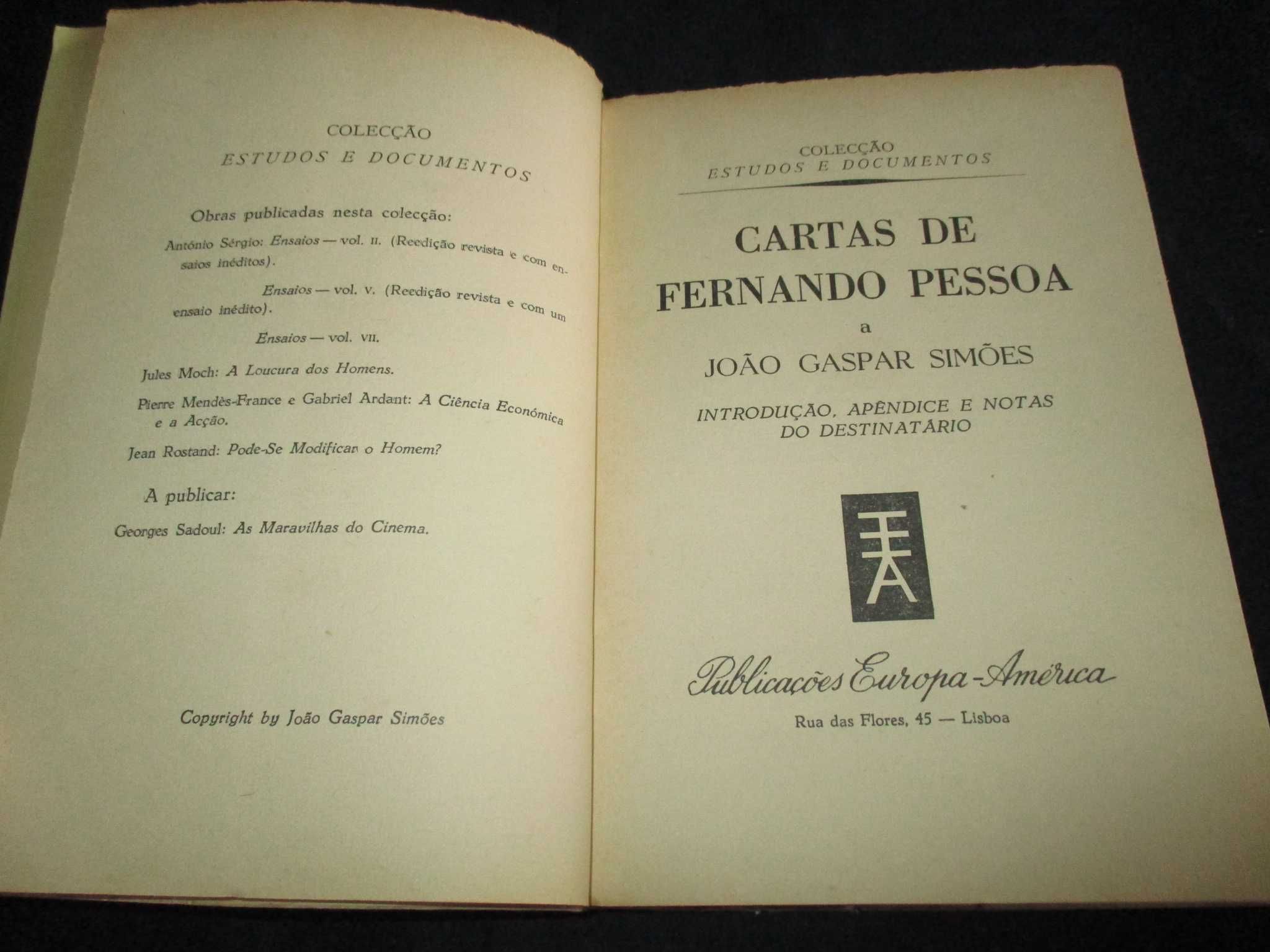 Livro Cartas de Fernando Pessoa a João Gaspar Simões 1ª edição