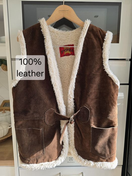 Kamizelka damska vintage skóra naturalna zamsz czekoladowa jesień