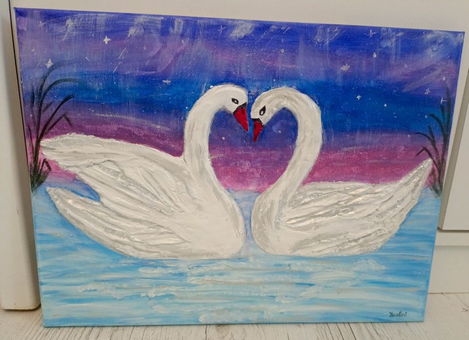 Obraz łabędzie strukturalny rękodzieło akryle