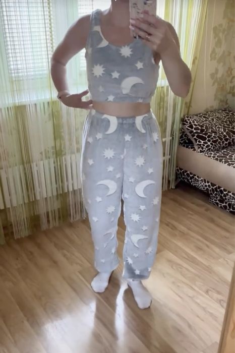 Стильні теплі жіночі пижами М / XL плюшева женская махрова топ і штани