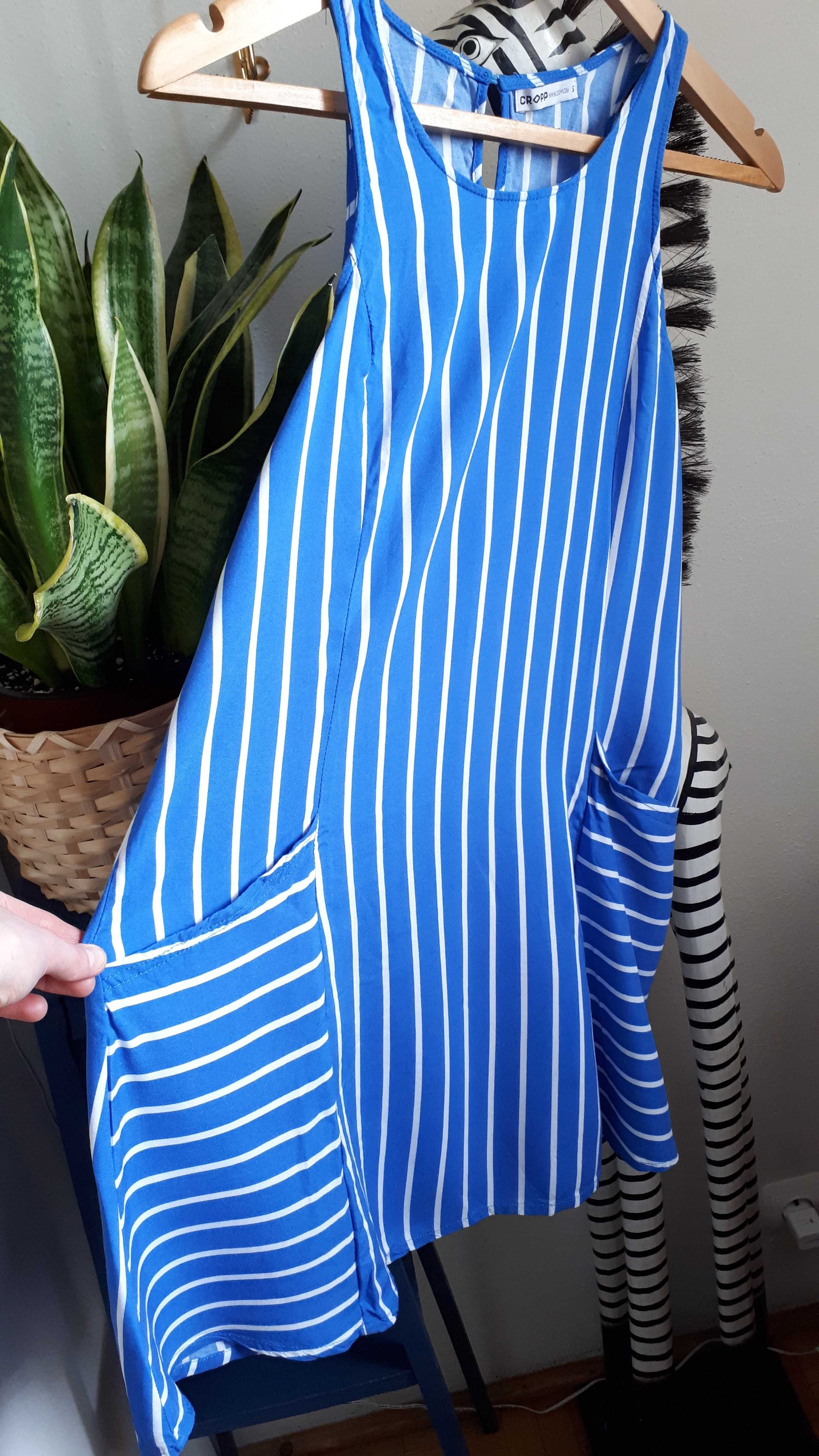 Niebieska luźna sukienka w paski z kieszeniami, Cropp, S/M