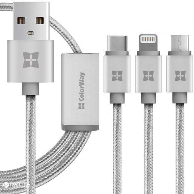 Кабель 3 в 1 Lightning MicroUSB Type-C ColorWay 1m