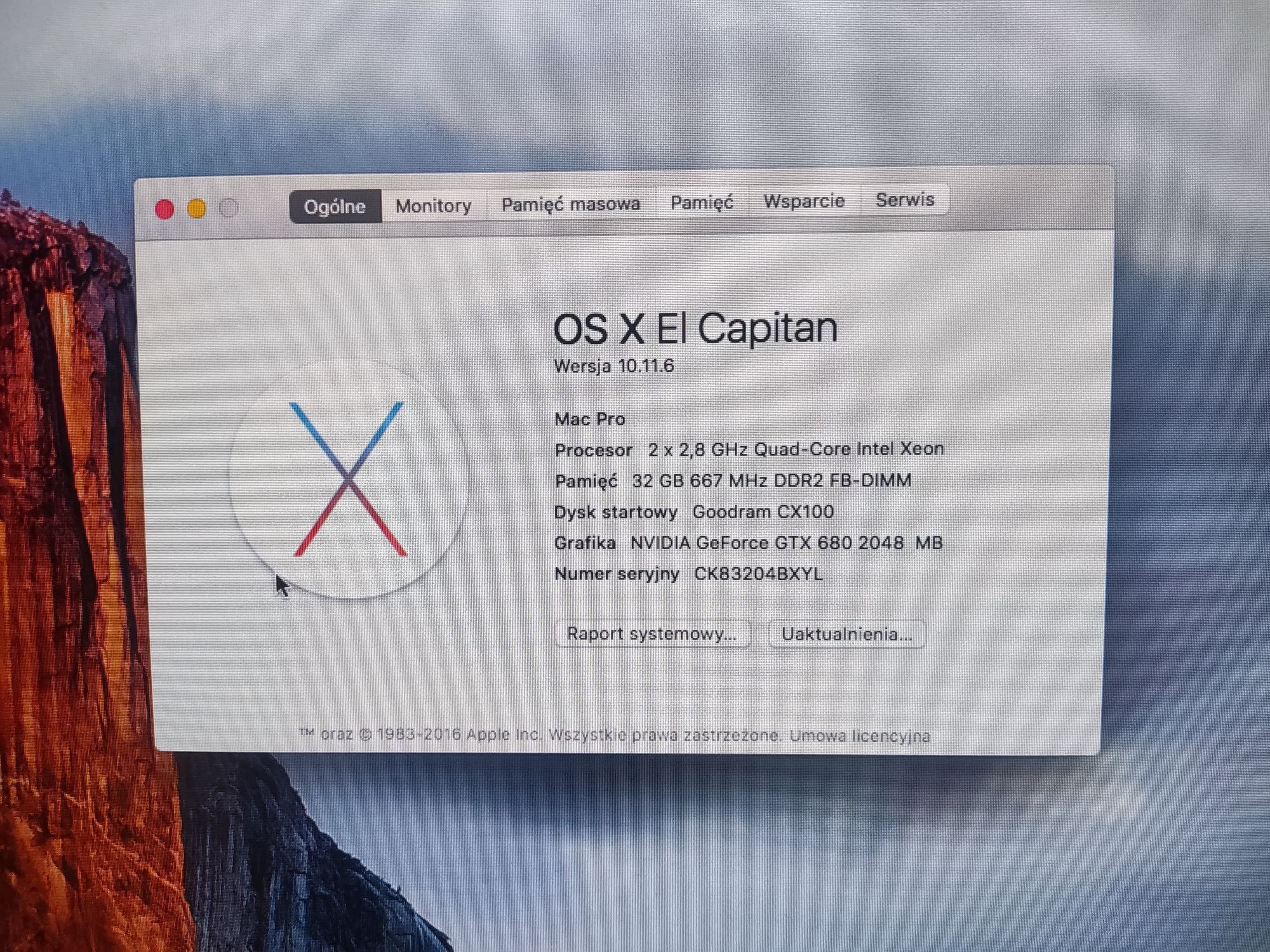 Apple Mac Pro 3.1 32GB; 2x2.8GHz Quad-Core Xeon=8rdzeni GTX680, SSD
