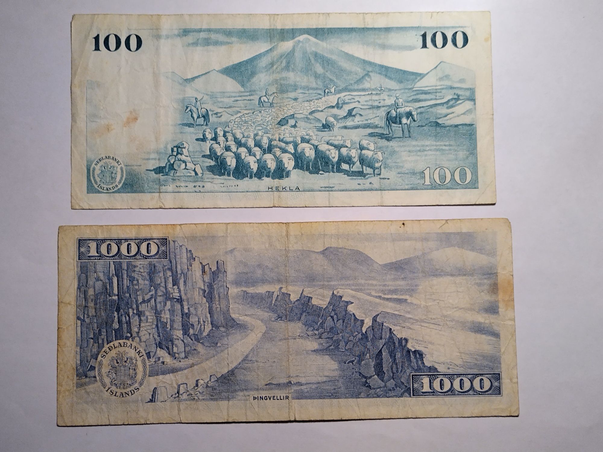 Banknoty 100 + 1000 koron Islandia