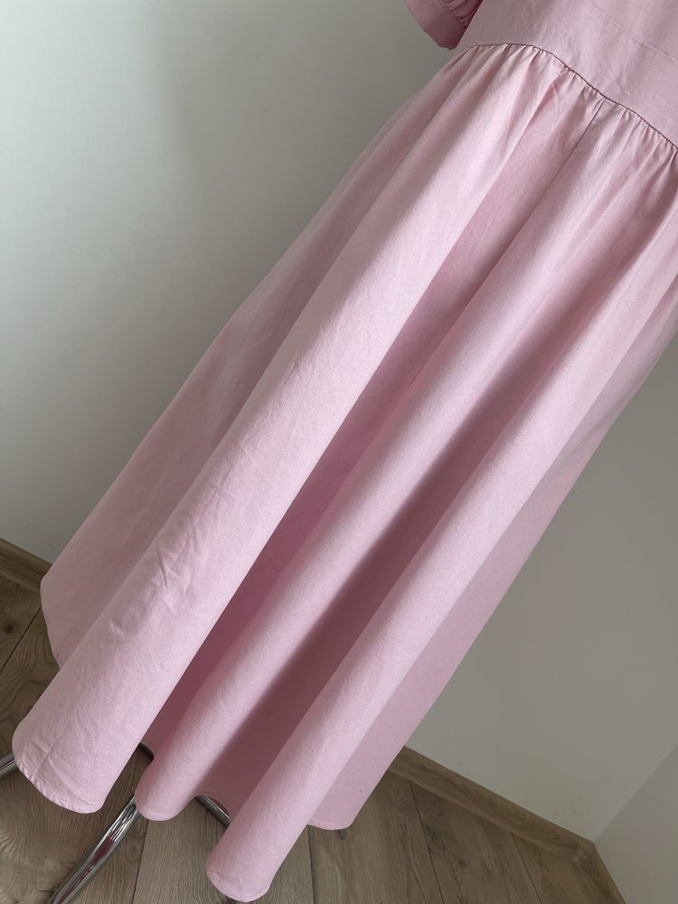 Różowa sukienka z kieszonkami len+bawełna r.48