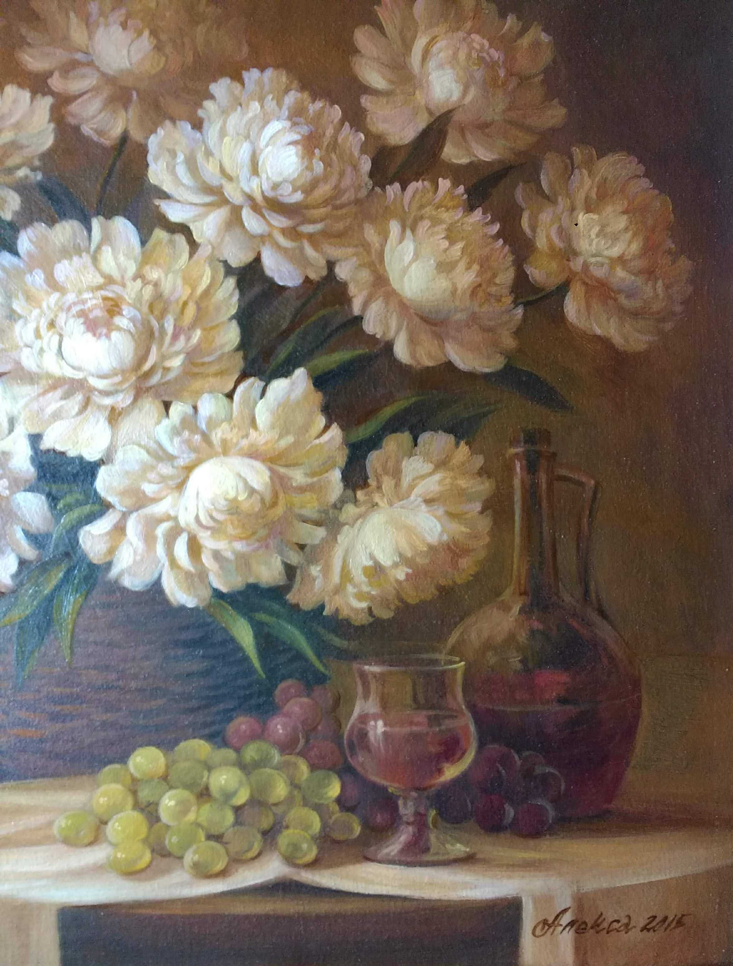 Картина маслом "Белые пионы и фрукты"