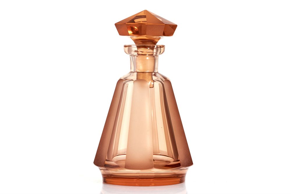 Piękna Rozalinowa / łososiowa karafka art deco Moser, Czechosłowacja