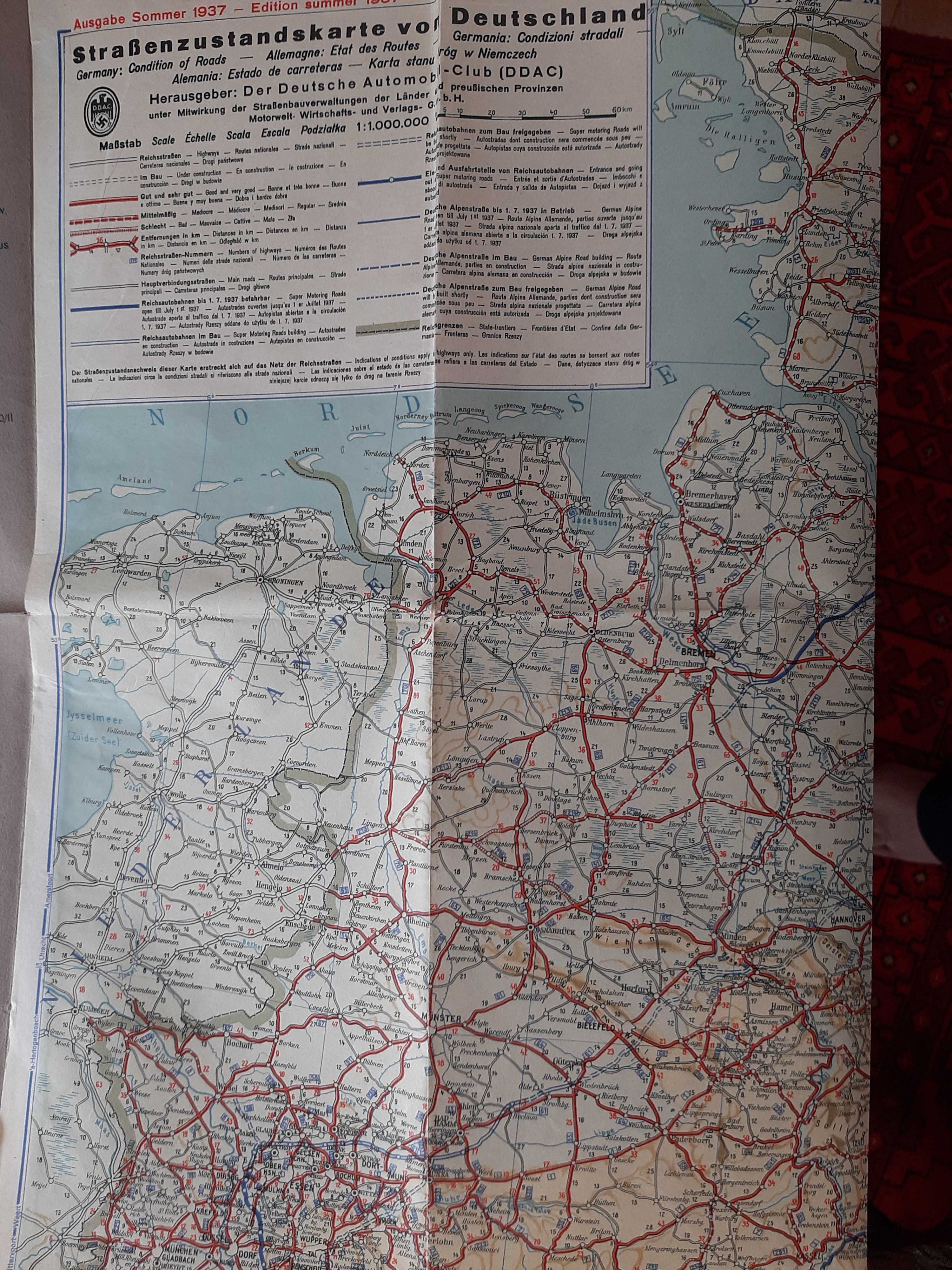 оригинальная  планшетная карта  автодорог европы 1936 год. 3 рейх.