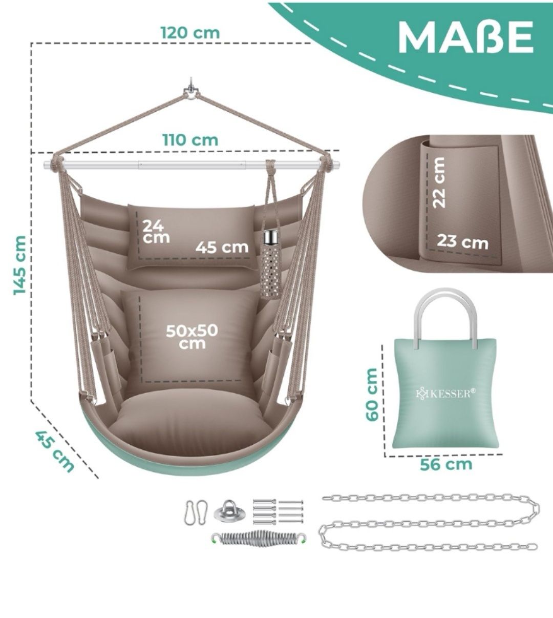 KESSER® Haiti fotel wiszący, nośność 150 kg, krzesło wiszące, obracane