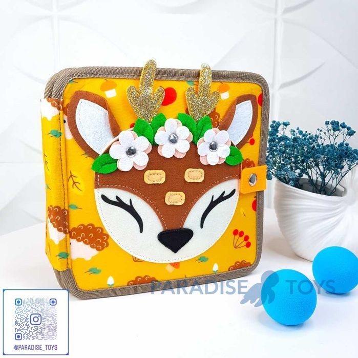 М’яка книжка-бізіборд Оленятко 12активностей Розвиток дрібної моторики