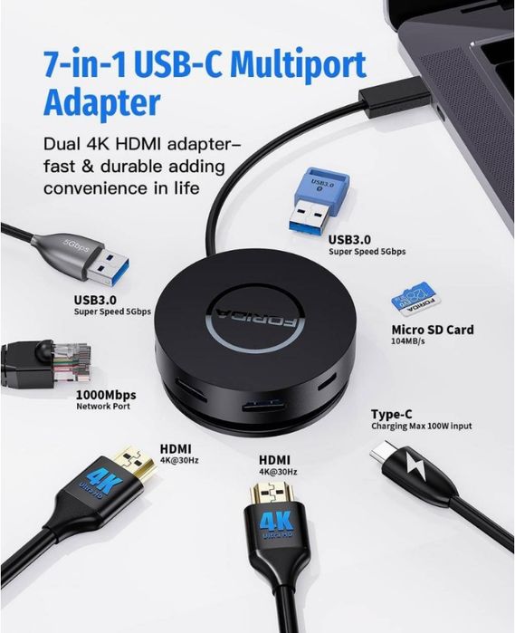 Док-станція Mini USB Forida 7 портовий хаб концентратор на два монітор