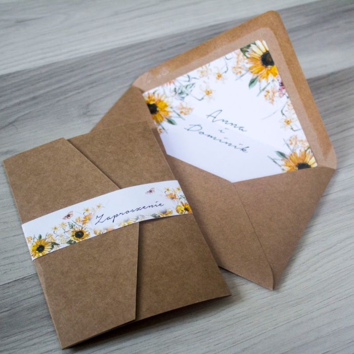 Zaproszenie na ślub ECO słoneczniki koperta z wkładką