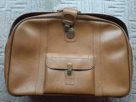 Brązowa skórzana walizka z kieszenią duża torba vintage PRL rekwizyt