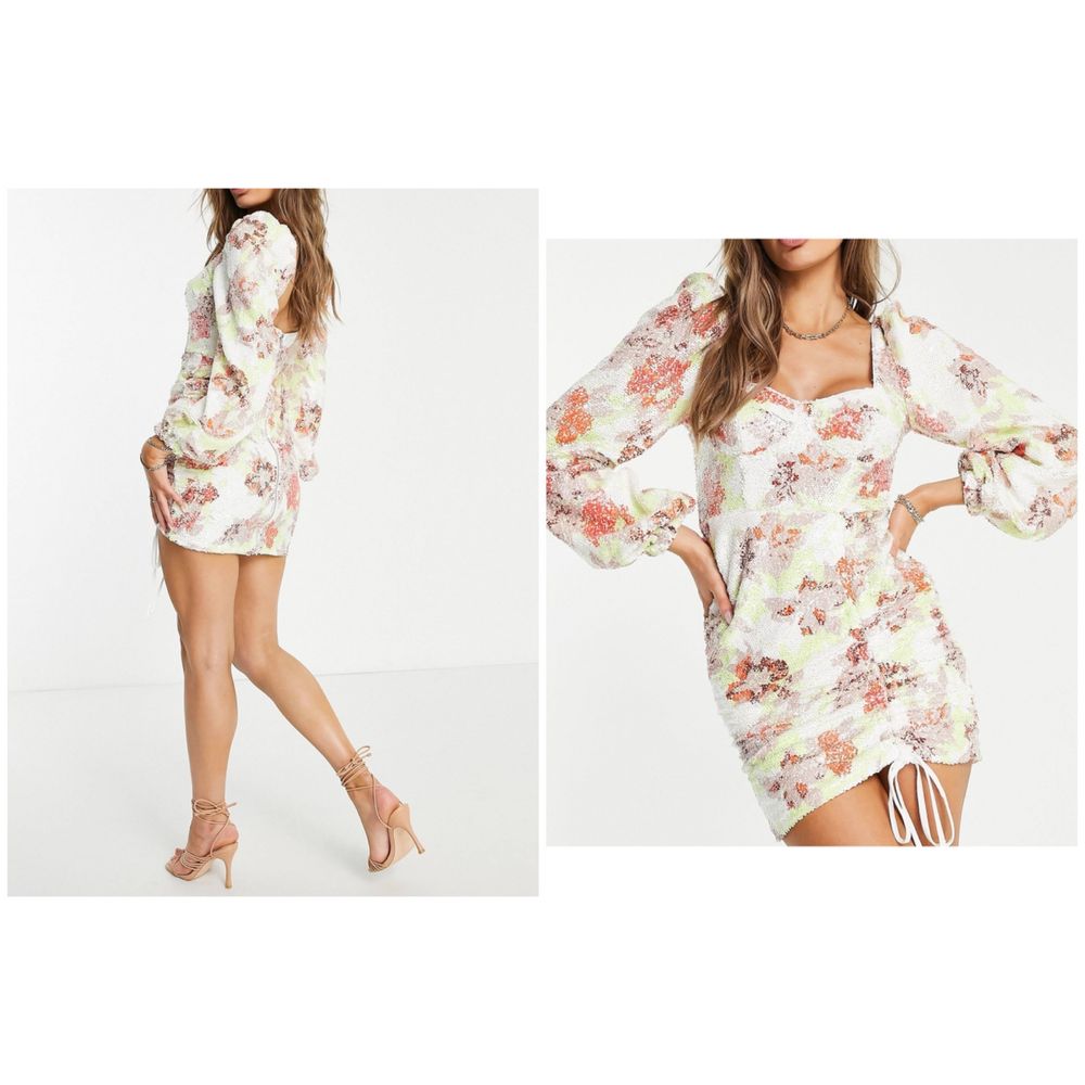 Cekinowa sukienka mini gorsetowa bufki kwiaty drapowana s 36 asos luxe