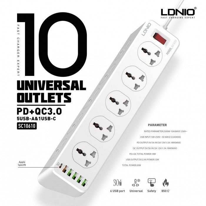 Удлинитель Ldnio SC10610 сетевой фильтр QC зарядка 10 220 + 5 USB 2м