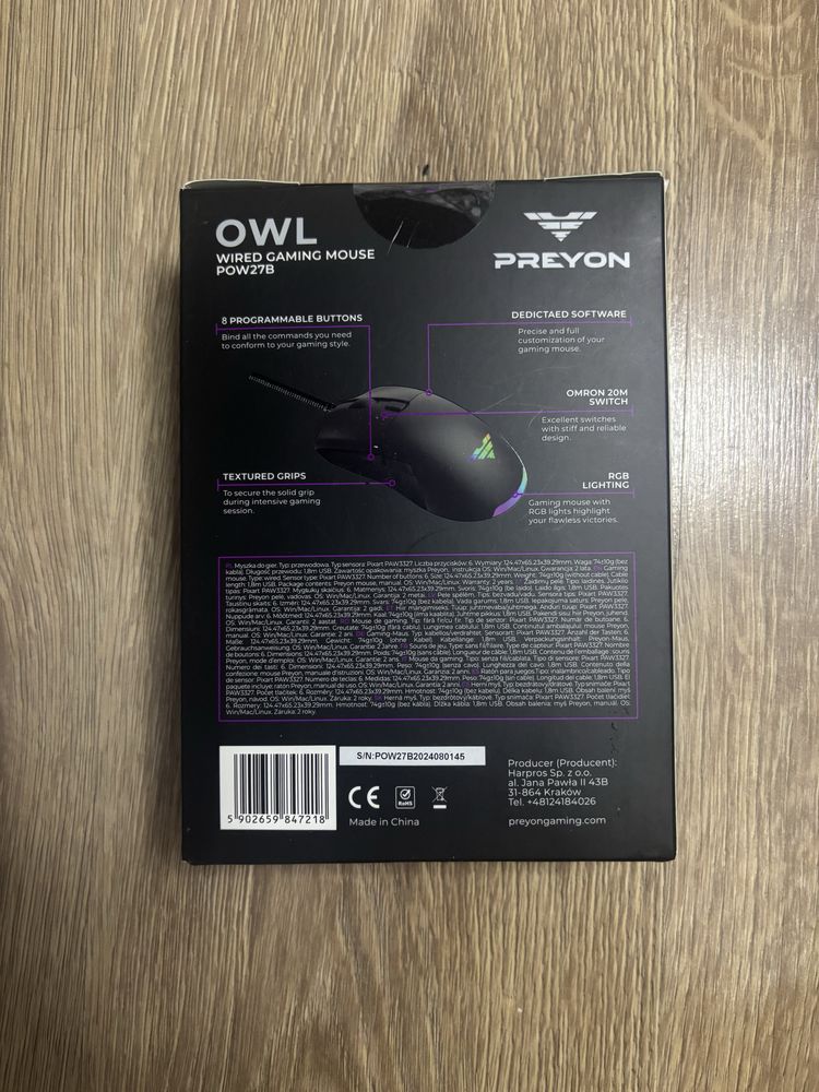 Myszka gamingowa Preyon Owl – nowa, RGB, OMRON