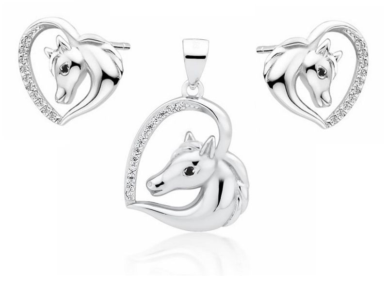 Rodowany Srebrny Komplet Serce Heart Konik Horse Z1795Z_Wb