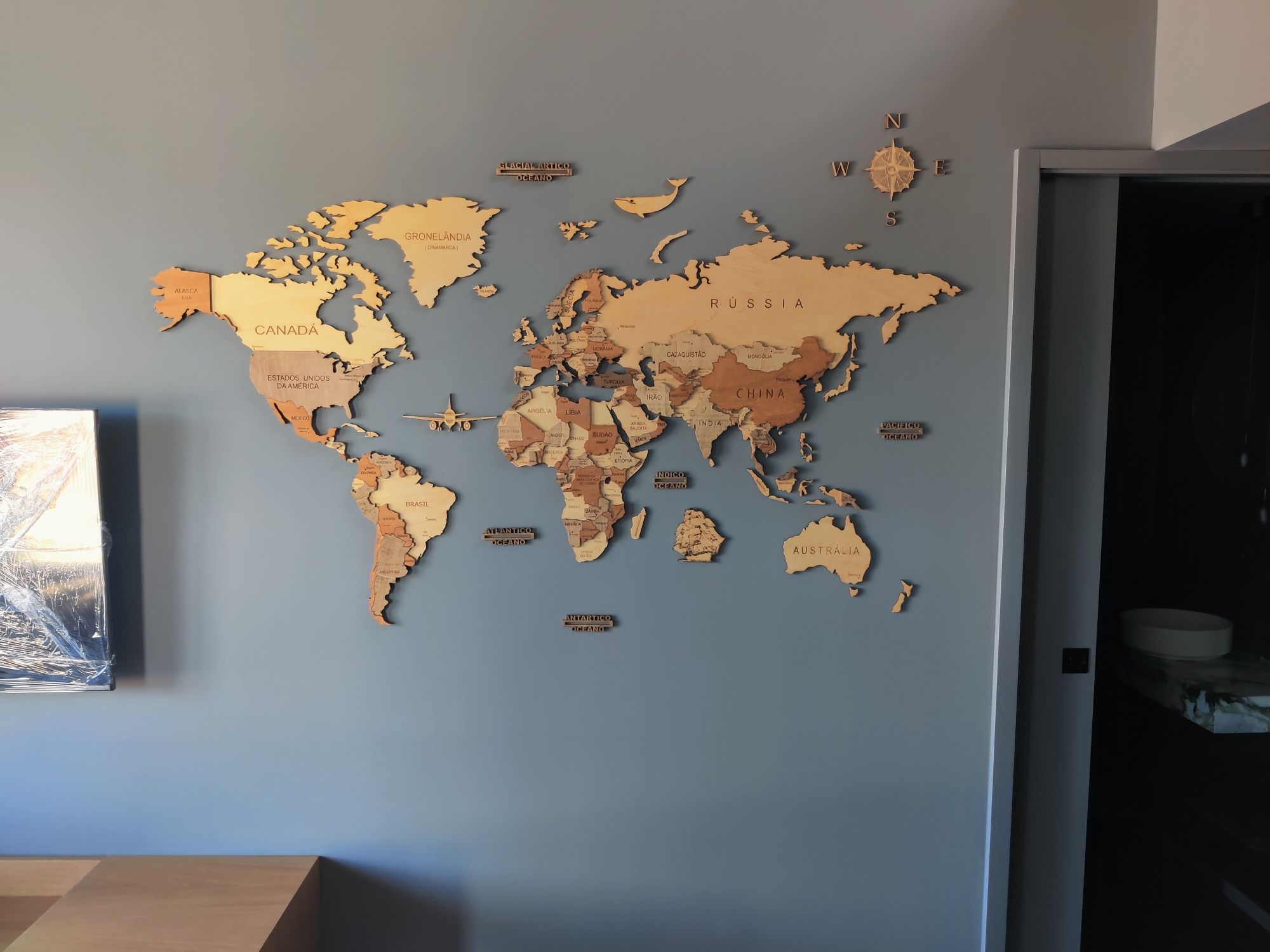 Mapa do mundo 3D (em madeira). Decoração de parede. Somos fabricantes!