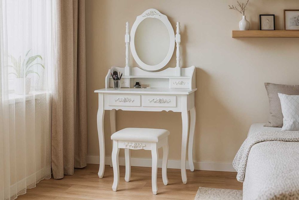 Nowa Toaletka Kosmetyczna z Lustrem Krzesełko Biała Biurko +Siedzisko