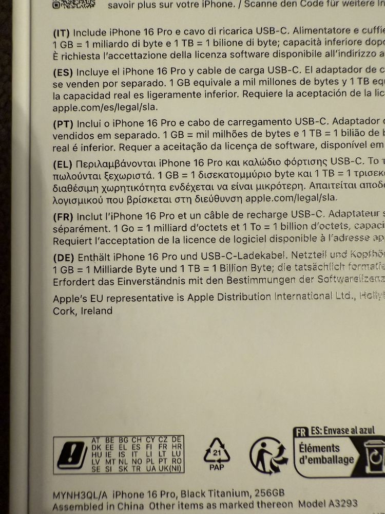 Iphone 16pro 256gb black titanium fatura apple
