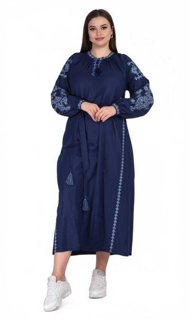 Темно-синя сукня-вишиванка, льон, максі, р-ри: S, M, L, XL, 2XL, 3XL