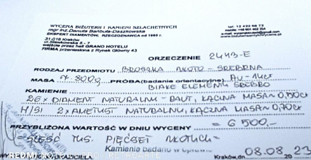 Art nouveau Francja broszka złoto 18 k srebro diamenty 0.50ct ametysty