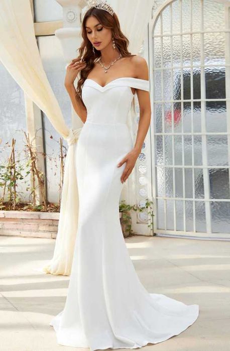 maxi ślubna odkryte plecy z trenem hiszpanka bardot rybka