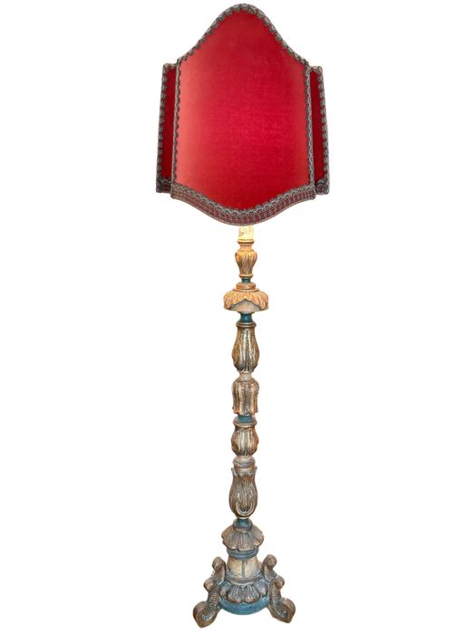 Candeeiro de Pé Antigo em Madeira e Veludo 1,95 metros