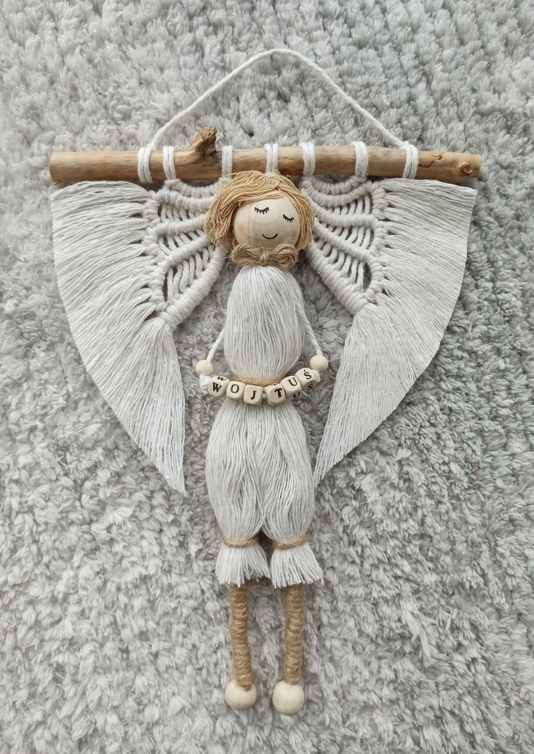 Makrama aniołek anioł stróż chłopiec 25 cm - chrzest, komunia
