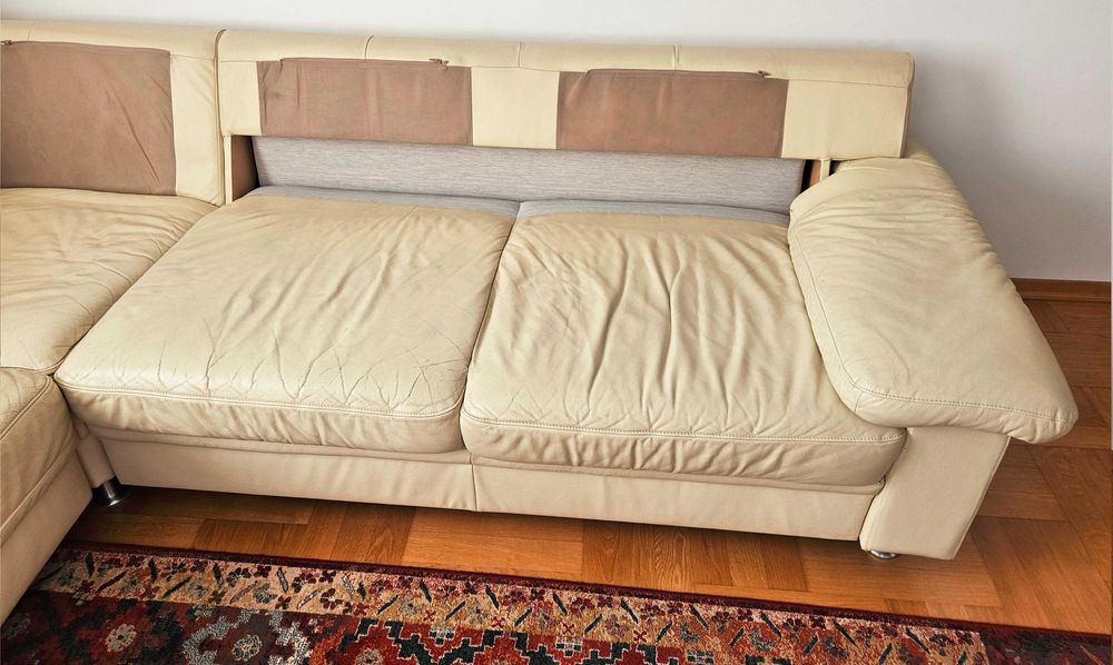 Narożnik z funkcją spania, 195/258cm, skóra naturalna, kolor ecru.