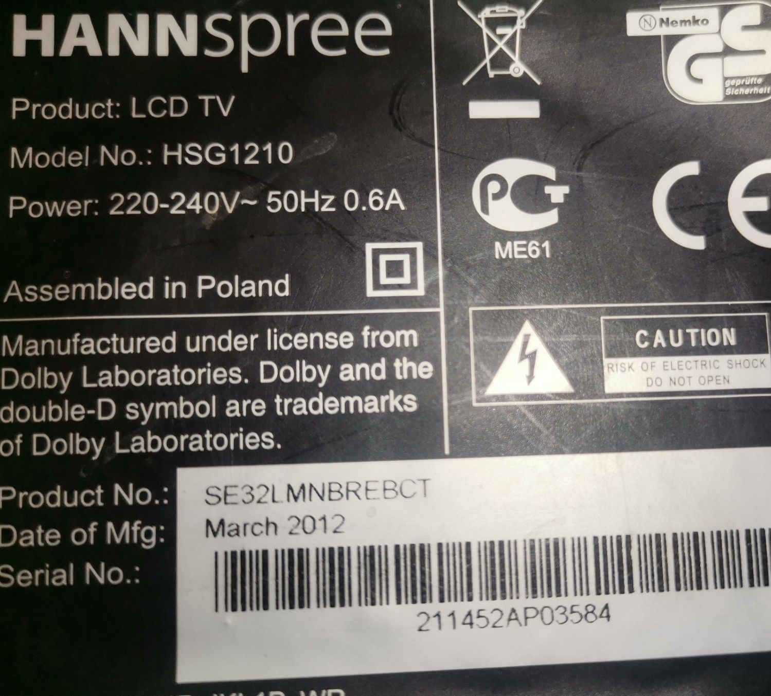 Mainboard e fonte de alimentação HANNSPREE HSG1210  40-MT10B2-MAC2XG