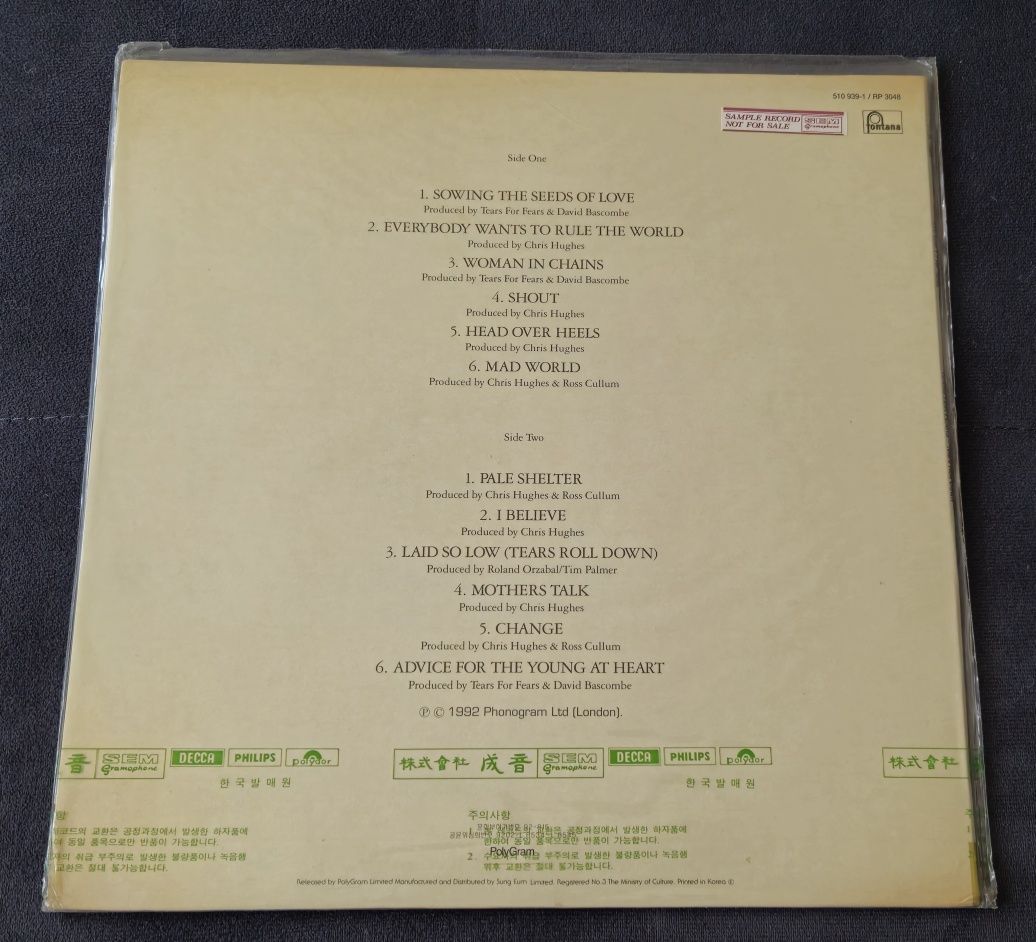 Tears for fears Tears roll down 1992 greatest hits LP winyl