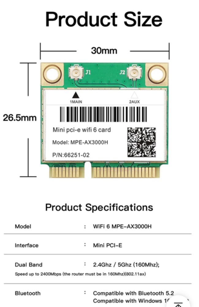 Wi-Fi 6 модуль MPE-AX3000H 2.4Ghz /  5Ghz Mini PCI-E