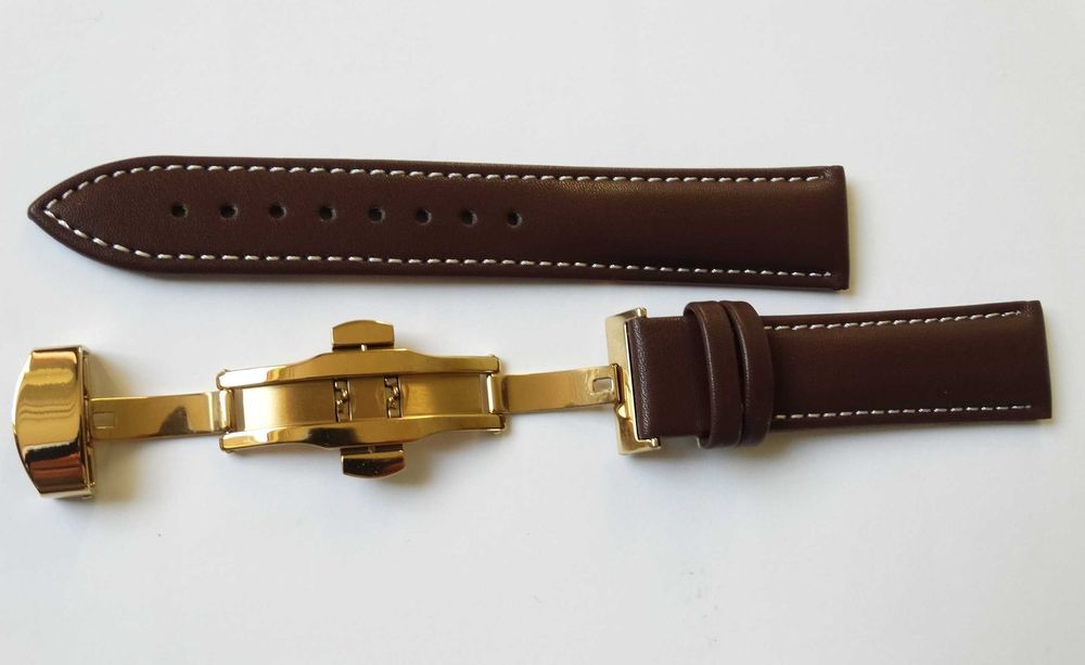 Pasek skórzany do zegarka 20mm 22mm brązowy zapięcie motylkowe złote