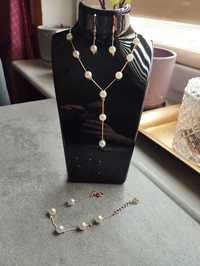 Komplet złotej biżuterii perełki perły zestaw bransoletka naszyjnik