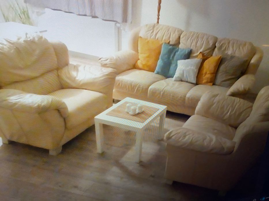 Sofa i dwa fotele skóra naturalna beżowe komplet wypoczynkowy duży