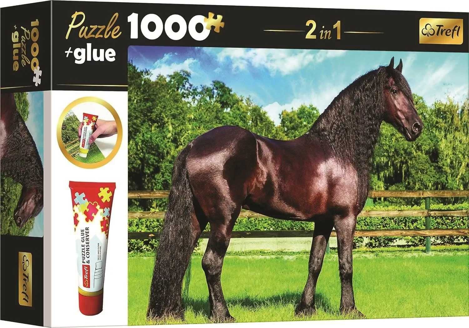 Puzzle TREFL 1000 + klej koń fryzyjski