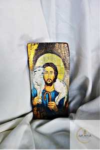 Ikona rzeźba dewocjonalia drewno decoupage Jezus