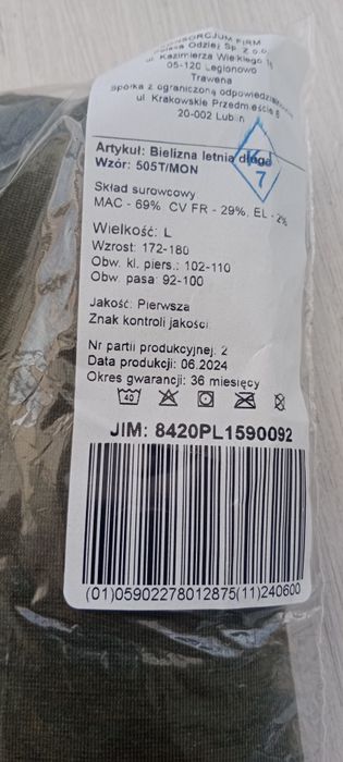 Bielizna wojskowa letnia długa 505T/MON