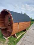 sauna ogrodowa, sauna beczka, beczka, sauna ogrzewana drewnem