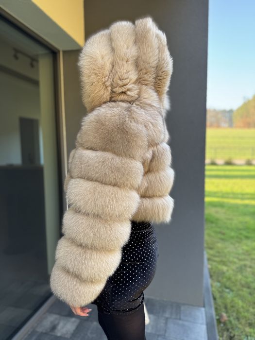 Futro 100% lis krótkie beżowe s/m kaptur naturalne premium nowe