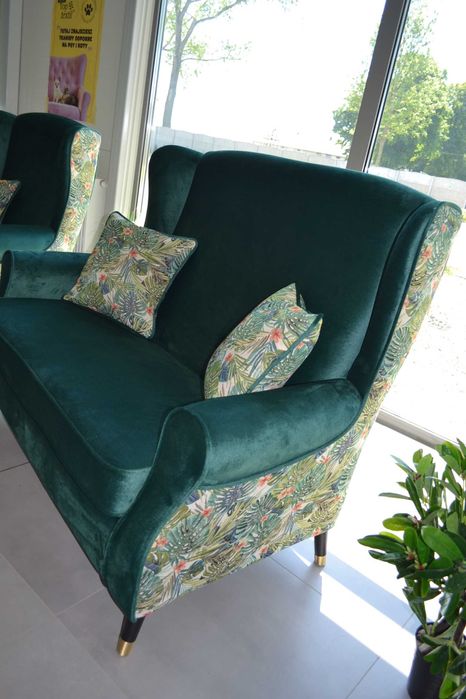 Zestaw mebli Uszak dwójka fotel pufa liście butelkowa zieleń