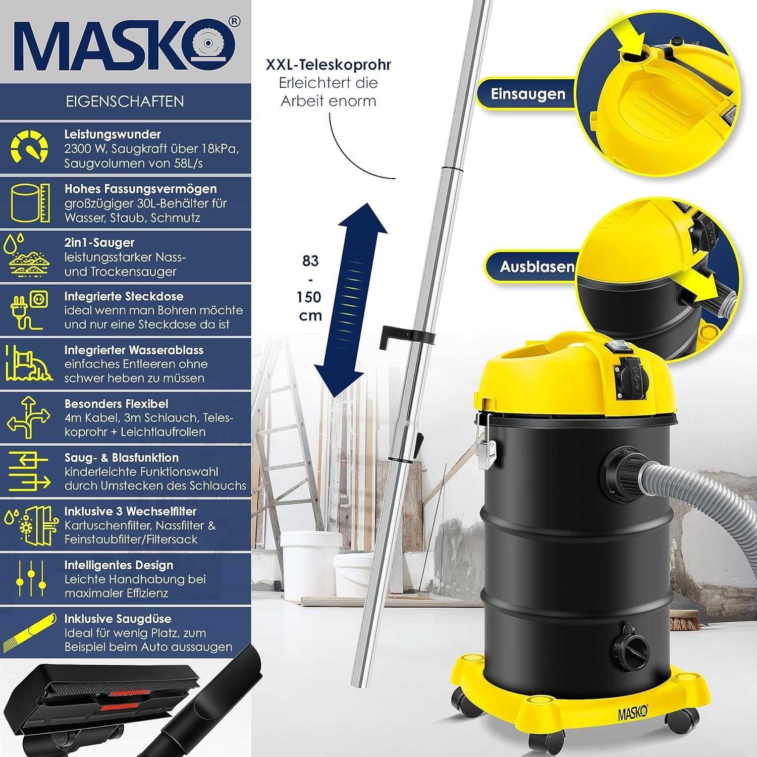 Odkurzacz przemysłowy MASKO /pionowy / na mokro i sucho / 2300W !4450!