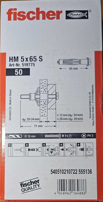 kołek metalowy ze śrubą fisher HM 5x65 S - 50 szt.