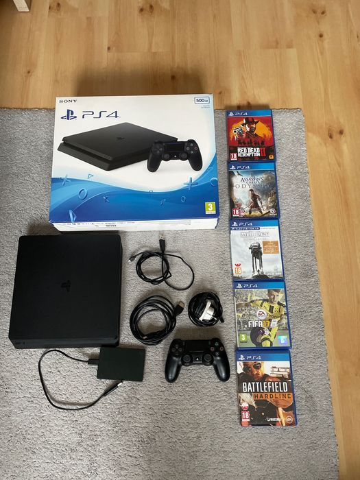 Ps4 slim(STAN IDEALNY)500gb kontroler dysk 2TB 5 gier