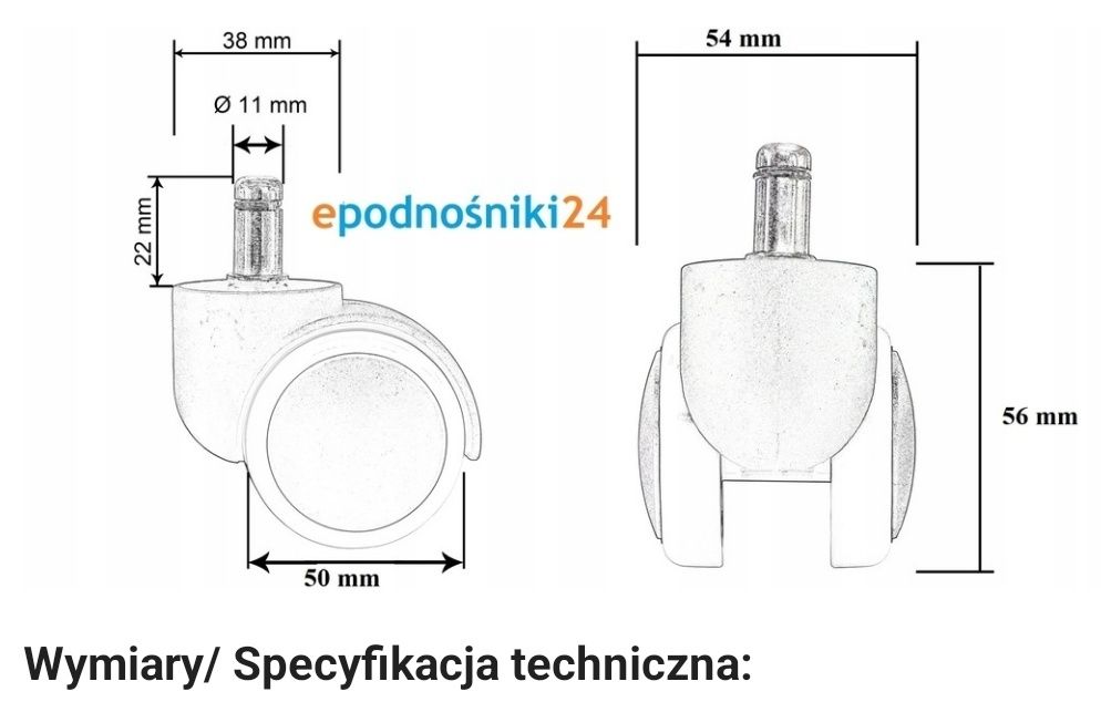 Kółka 11 mm 56 mm do fotela krzesła obrotowego komputerowego komplet 5