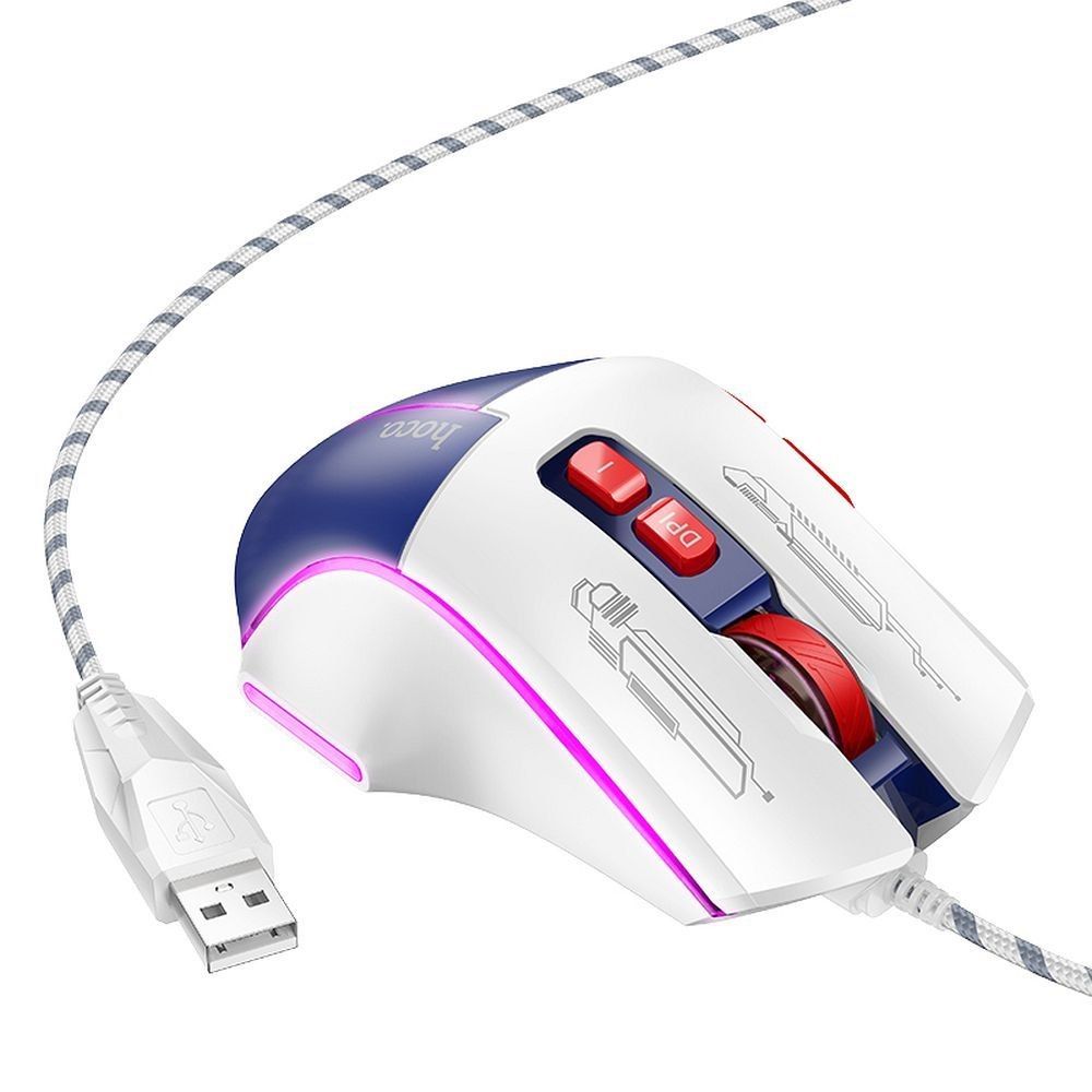 HOCO mysz komputerowa gamingowa przewodowa USB A biało niebieska
