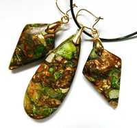 Jaspis zielony i złoty piryt - zestaw biżuterii